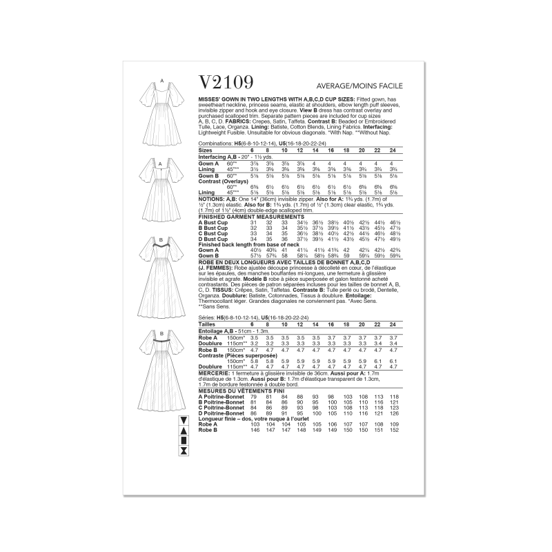 Patron Vogue 2109/H5 (34-42) - Robe ajustée à encolure cœur et manches bouffantes
