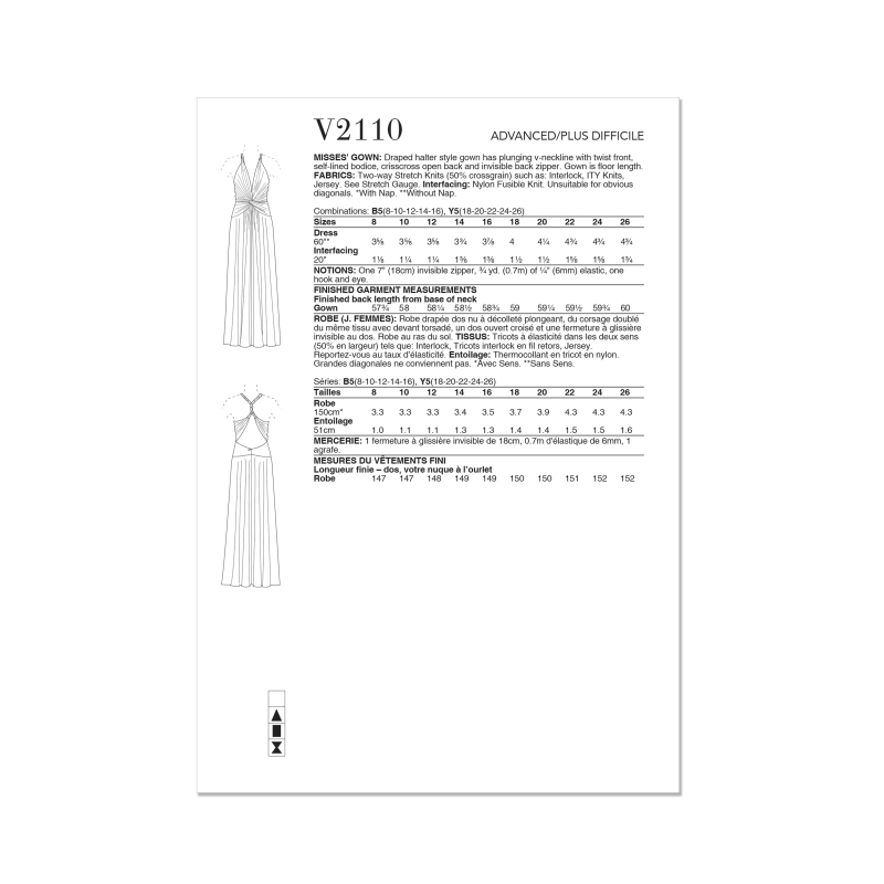 Patron Vogue 2110/Y5 (46-54) - Robe longue halter drapée à dos croisé