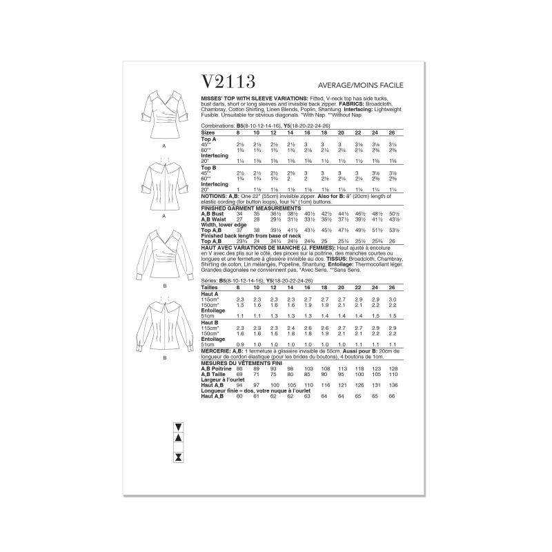 Patron Vogue 2113/Y5 (46-54) - Top ajusté encolure V avec manches courtes ou longues