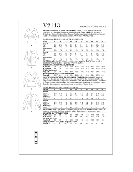 Patron Vogue 2113/Y5 (46-54) - Top ajusté encolure V avec manches courtes ou longues