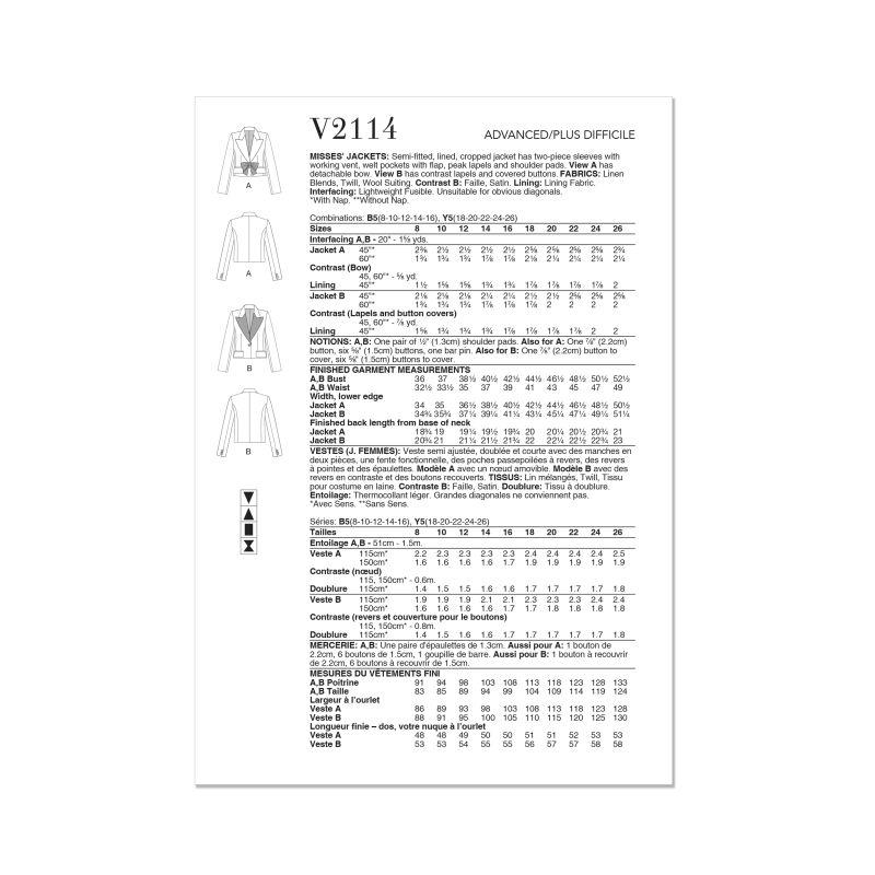 Patron Vogue 2114/Y5 (46-54) - Veste courte cintrée avec manches fente