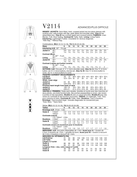 Patron Vogue 2114/Y5 (46-54) - Veste courte cintrée avec manches fente
