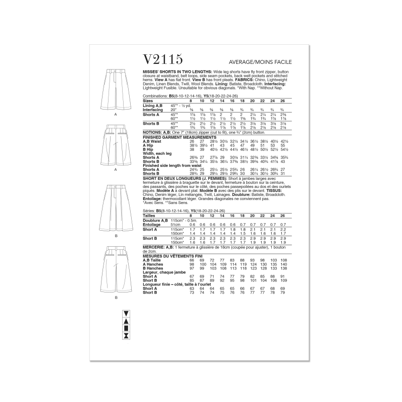Patron Vogue 2115/B5 (36-44) - Short large taille haute deux longueurs
