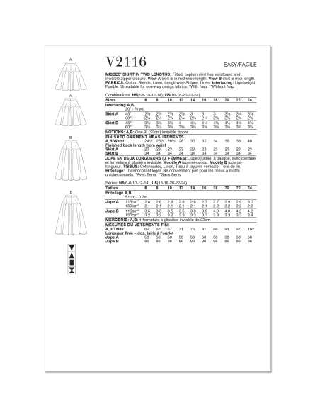 Patron Vogue 2116/U5 (44-52) - Jupe peplum mi‑genou ou midi