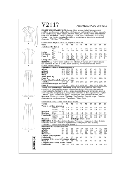 Patron Vogue 2117/B5 (36-44) - Veste asymétrique et pantalon large