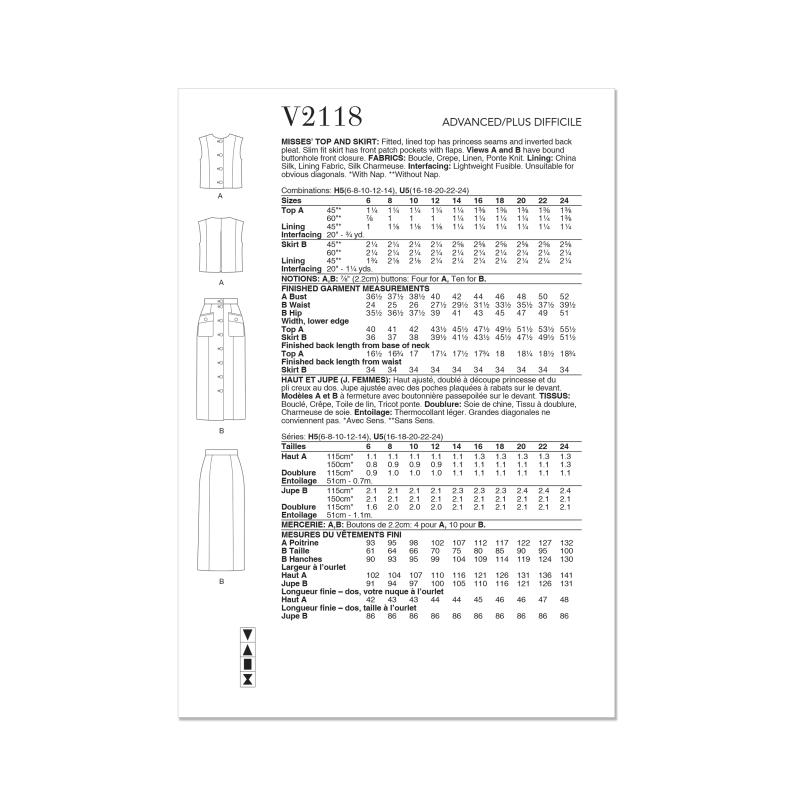 Patron Vogue 2118/H5 (34-42) - Top ajusté doublé et jupe slim à poches