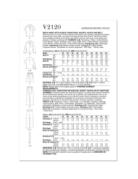 Patron Vogue 2120 AA (46-54) - Ensemble homme chemise ample, short ou pantalon et ceinture