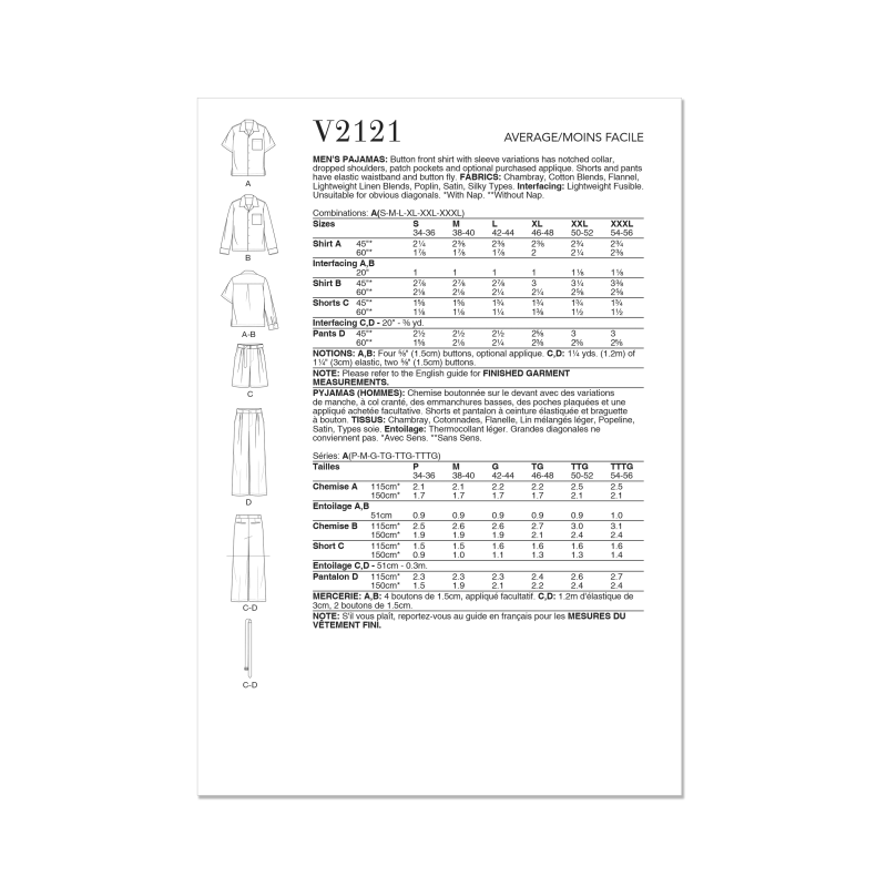 Patron Vogue 2121 (46-68) - Pyjama homme chemise et bas