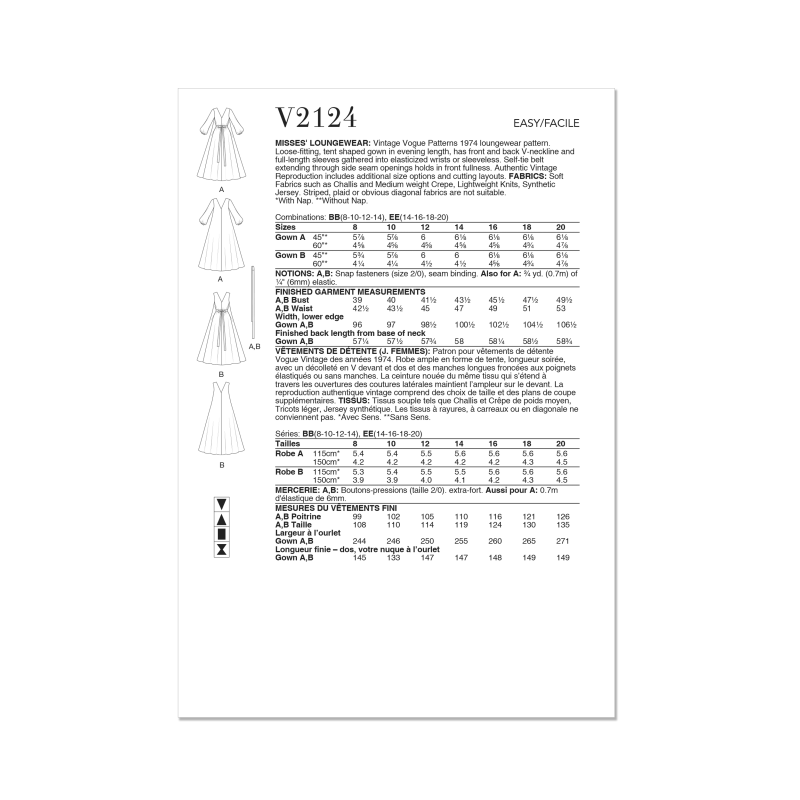 Patron Vogue 2124/BB (36-42) - Robe d’intérieur longue style années 70