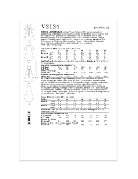 Patron Vogue 2124/EE (42-48) - Robe d’intérieur longue style années 70
