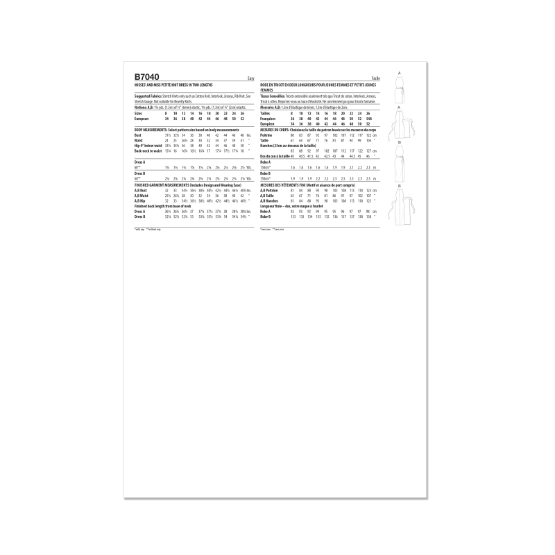 Patron Butterick 7040 Y5 (46-54) - Robe cache-coeur sans manches