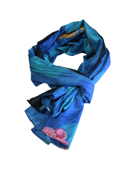 Paréo 100% coton - Fleuri fond bleu & turquoise