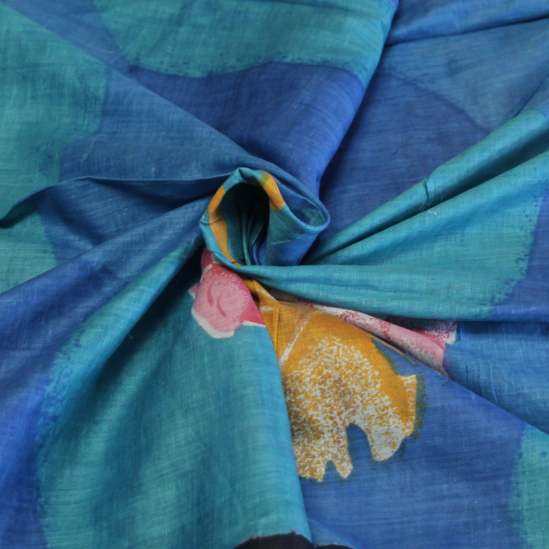 Paréo 100% coton - Fleuri fond bleu & turquoise