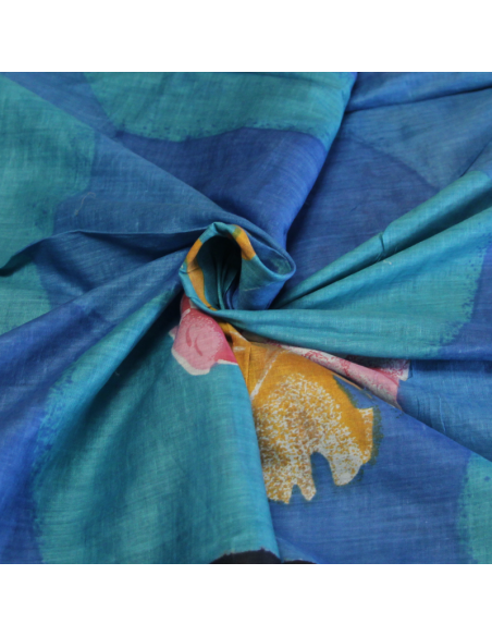 Paréo 100% coton - Fleuri fond bleu & turquoise