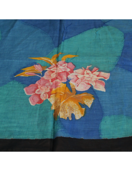 Paréo 100% coton - Fleuri fond bleu & turquoise