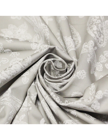Satin coton & élasthanne - Cachemire blanc fond gris