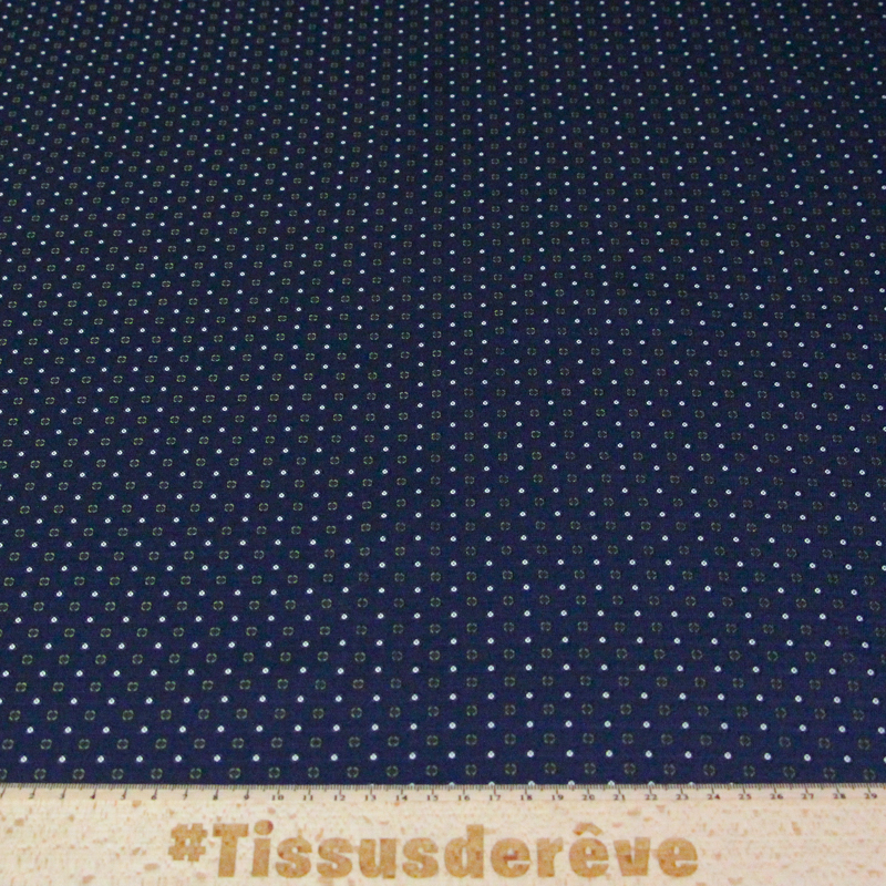 Jacquard 100% soie - Pois et petites fleurs vertes fond marine