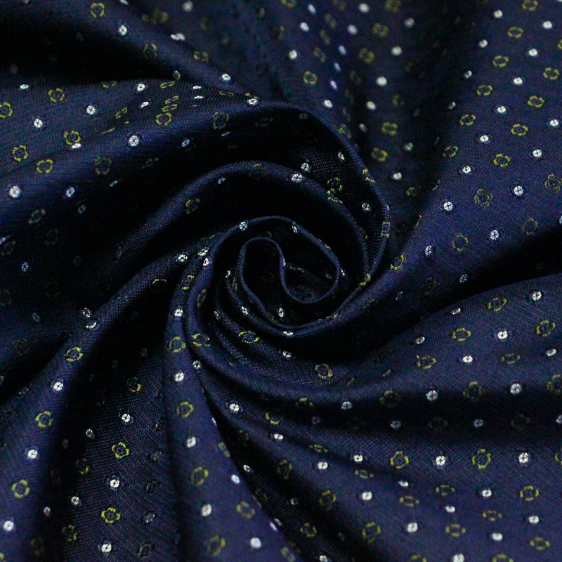 Jacquard 100% soie - Pois et petites fleurs vertes fond marine
