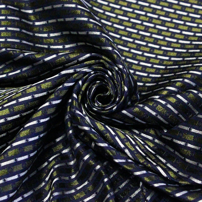 Jacquard 100% soie - Pois et petites fleurs vertes fond marine
