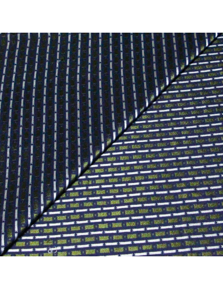 Jacquard 100% soie - Pois et petites fleurs vertes fond marine