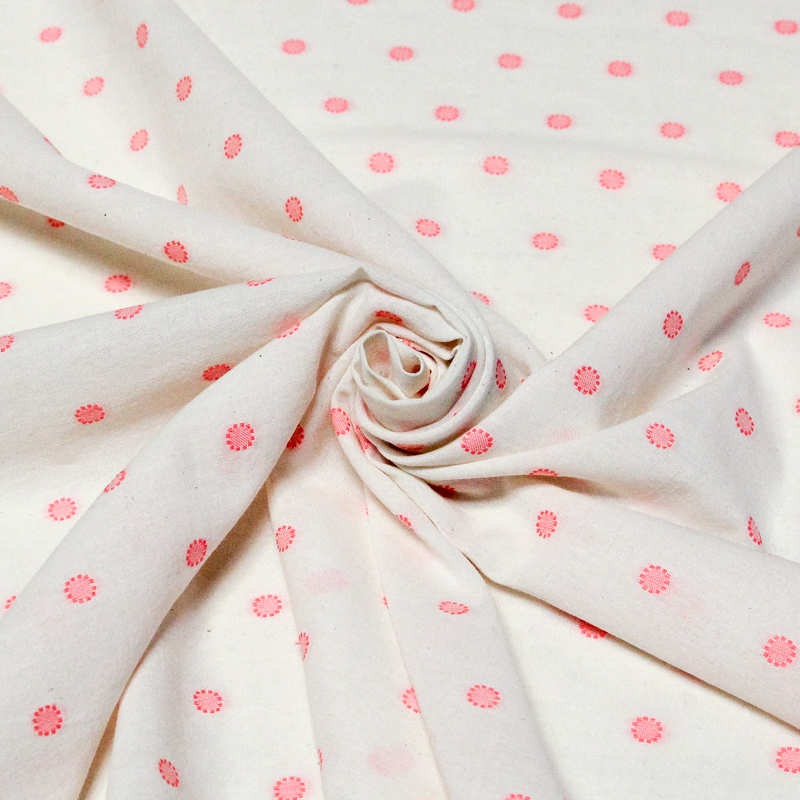 Toile de coton brodée - Cercle pointillé rose fluo