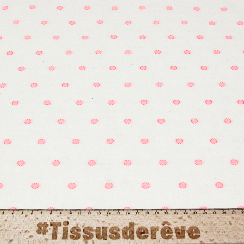 Toile de coton brodée - Cercle pointillé rose fluo