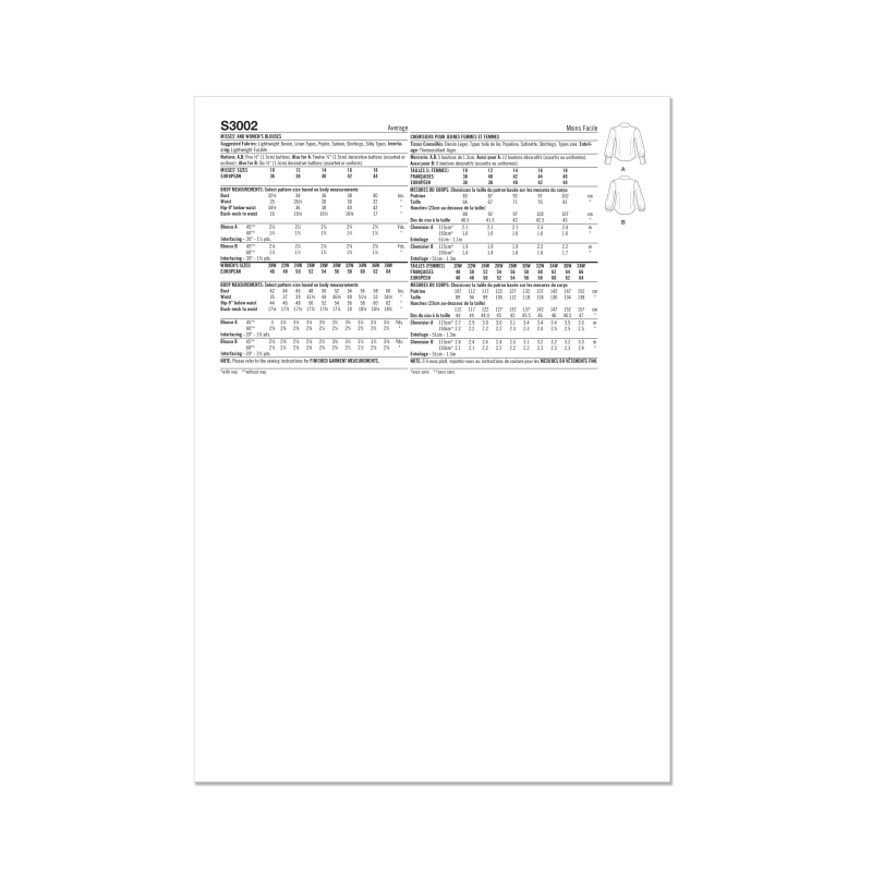 Patron Simplicity 3002.W3 (58-66) - Blouse boutonnée devant