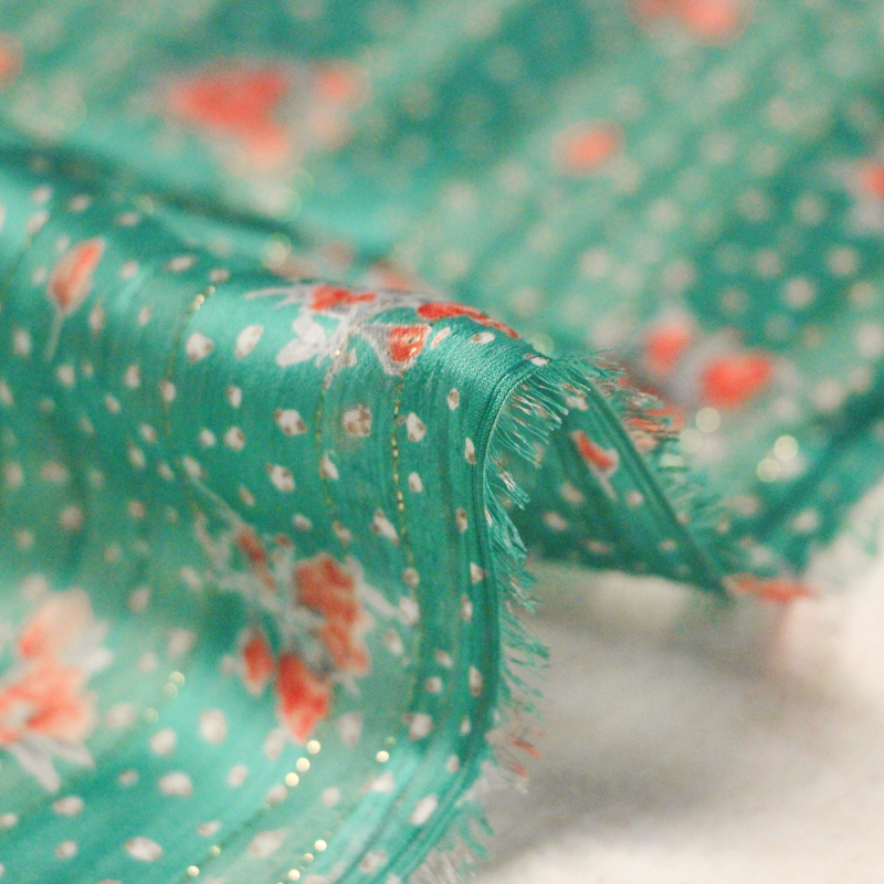 Mousseline bande satin rayure lurex - Fleurs oranges