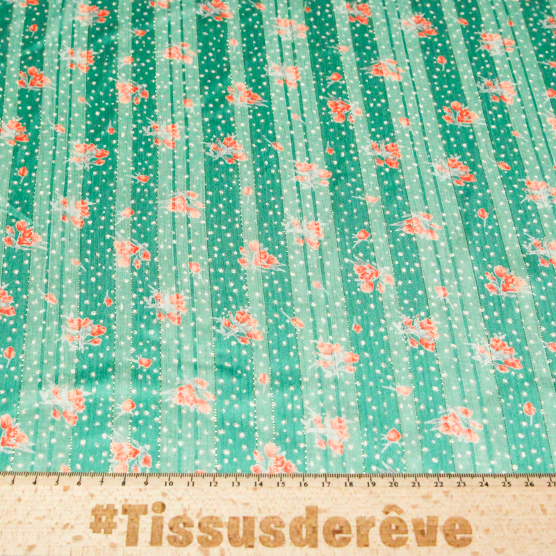 Mousseline bande satin rayure lurex - Fleurs oranges