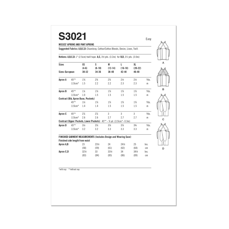 Patron Simplicity 3021.A (34-52) - Tablier & pantalon tablier pour femmes
