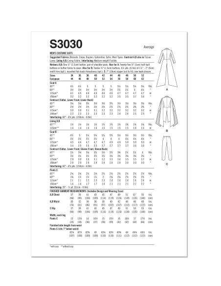 Patron Simplicity 3030.AA (44-52) - Costume homme dramatique : veste longue & pantalon