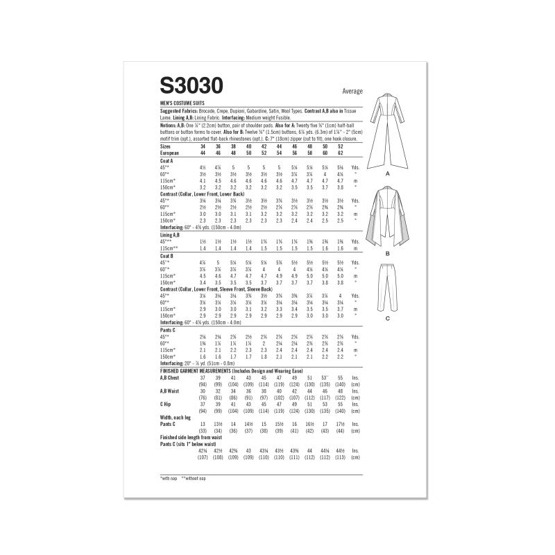 Patron Simplicity 3030.BB (54-62) - Costume homme dramatique : veste longue & pantalon