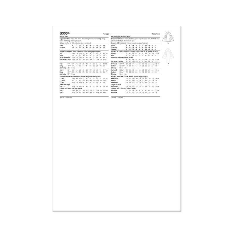 Patron Simplicity 3034.H5 (34-42) - Manteaux amples doublés avec écharpe intégrée