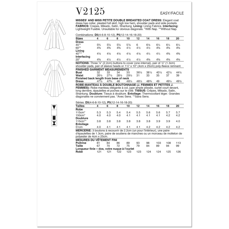 Patron Vogue 2125/D5 (32-40) - Manteau-robe double boutonnage