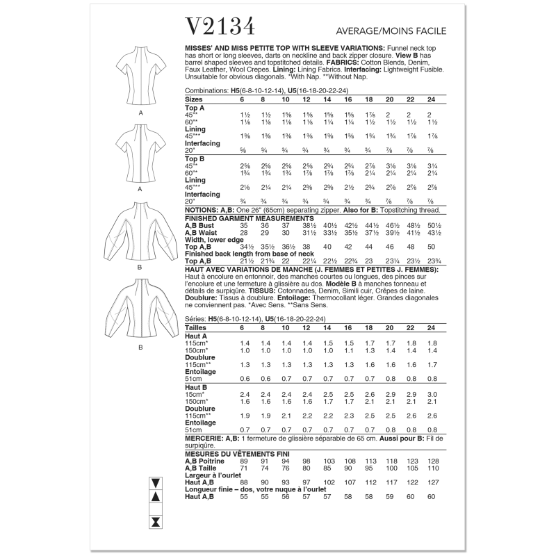 Patron Vogue 2134/U5 (44-52) - Top élégant à encolure entonnoir