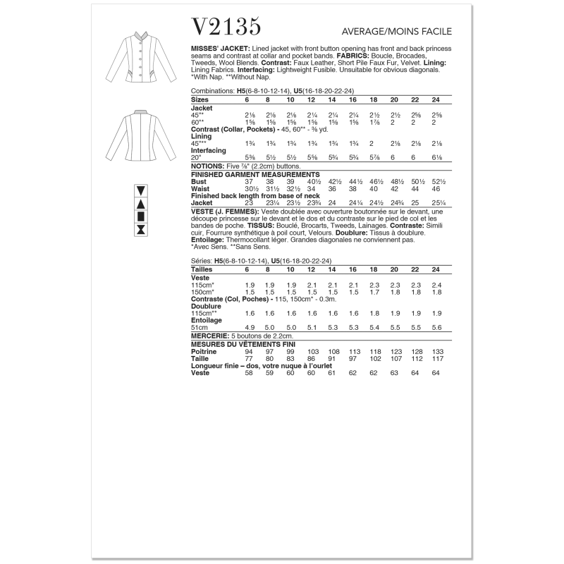 Patron Vogue 2135/H5 (34-42) - Veste doublée à boutons & découpes princesse