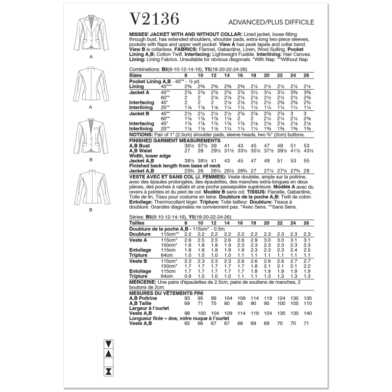 Patron Vogue 2136/B5 (36-44) - Veste structurée à épaules élargies