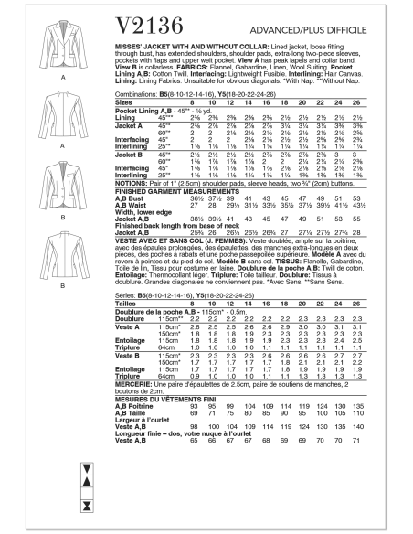 Patron Vogue 2136/B5 (36-44) - Veste structurée à épaules élargies