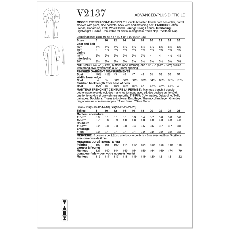Patron Vogue 2137/B5 (36-44) - Trench-coat double boutonnage avec ceinture