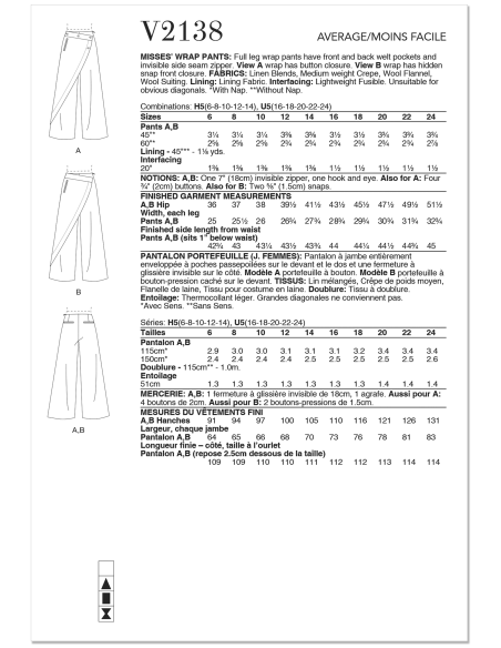 Patron Vogue 2138/H5 (34-42) - Pantalon à enroulement & poches passepoil