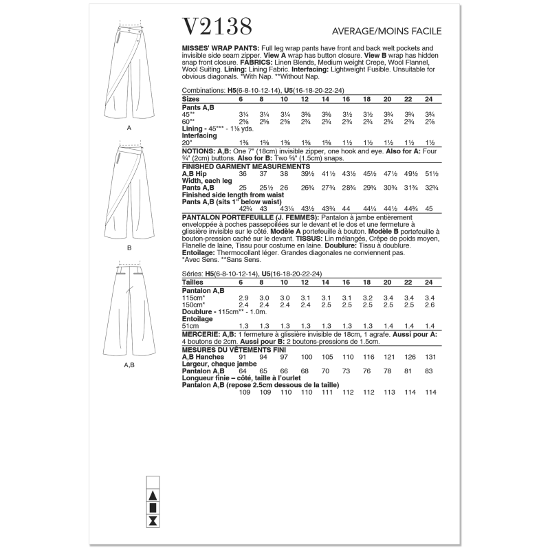 Patron Vogue 2138/U5 (44-52) - Pantalon à enroulement & poches passepoil