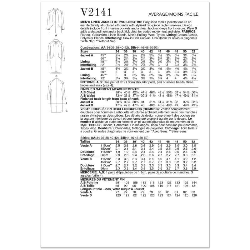 Patron Vogue 2141 BB (56-54) - Veste homme doublée deux longueurs