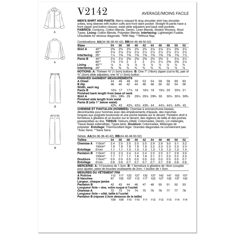 Patron Vogue 2142 AA (46-54) - Chemise & pantalon homme