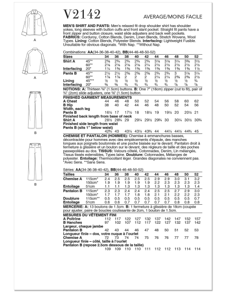 Patron Vogue 2142 AA (46-54) - Chemise & pantalon homme