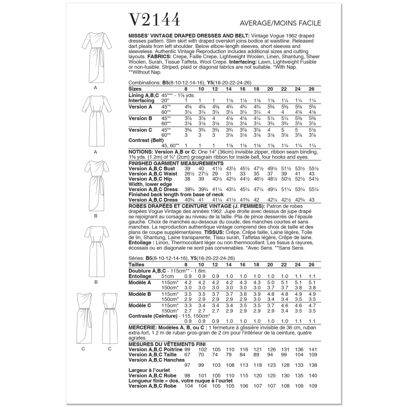Patron Vogue 2144/B5 (36-44) - Robe drapée vintage et ceinture