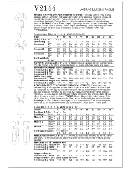 Patron Vogue 2144/B5 (36-44) - Robe drapée vintage et ceinture