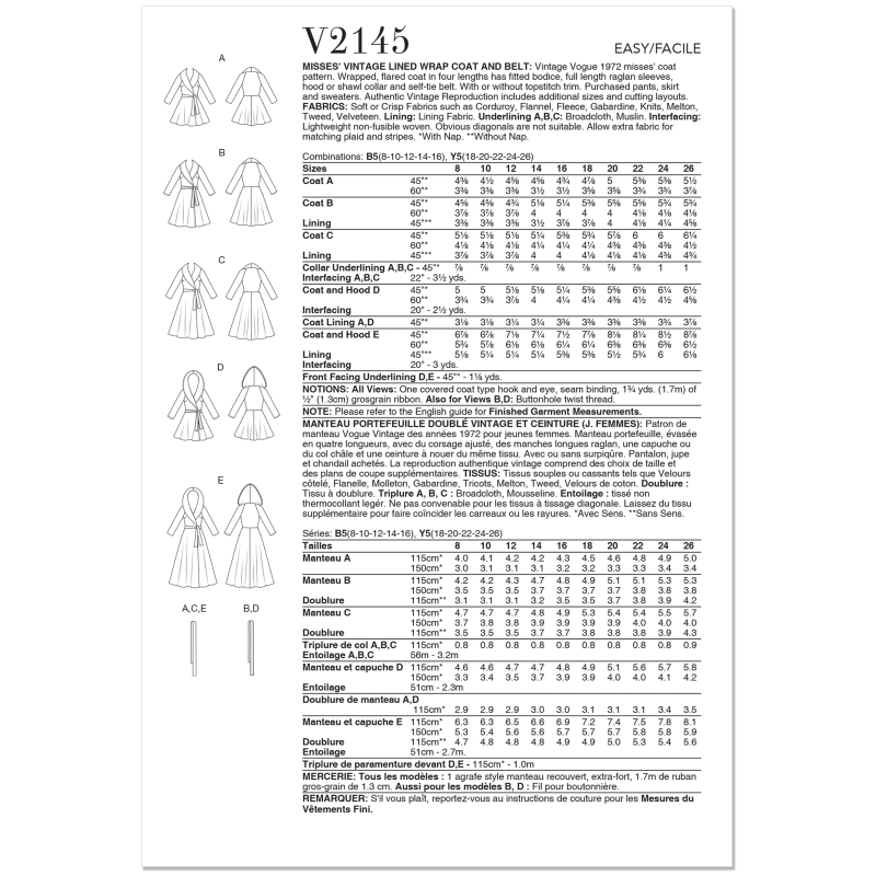Patron Vogue 2145/B5 (36-44) - Manteau portefeuille doublé & ceinture