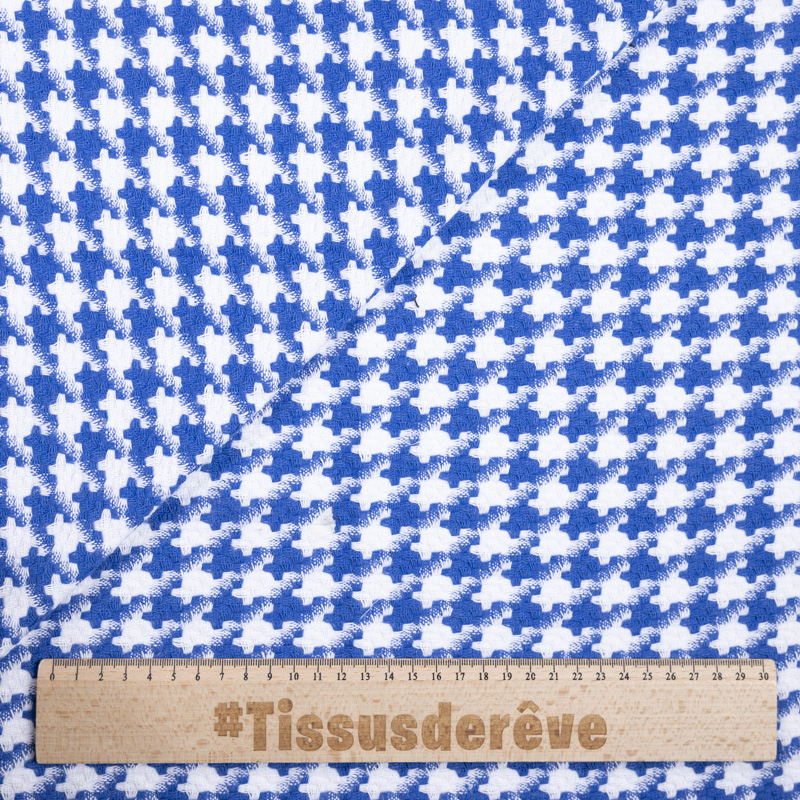Tweed 100% coton - Pied-de-poule bleu et blanc