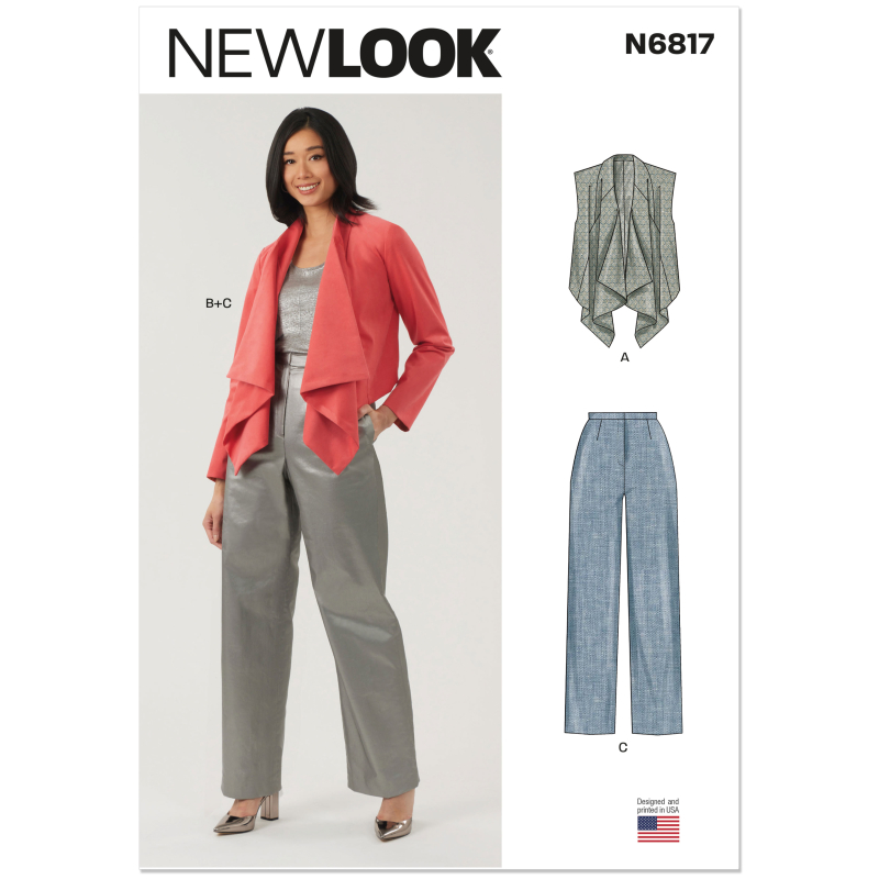 Patron New Look 6817 - Veste drapée avant, gilet & pantalon droit