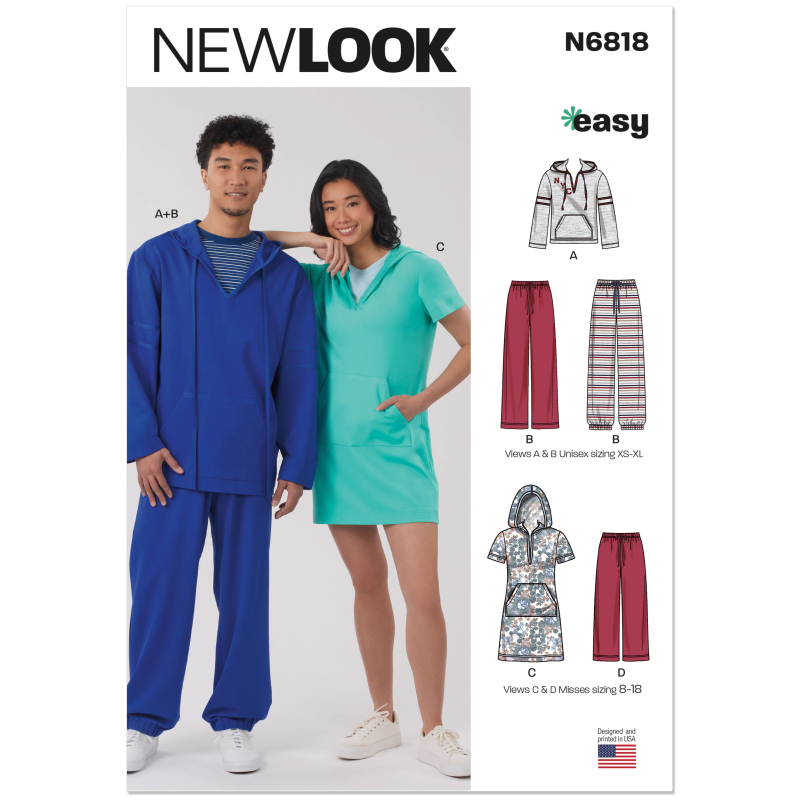 Patron New Look 6818 - Hoodie à capuche, pantalon & robe en maille